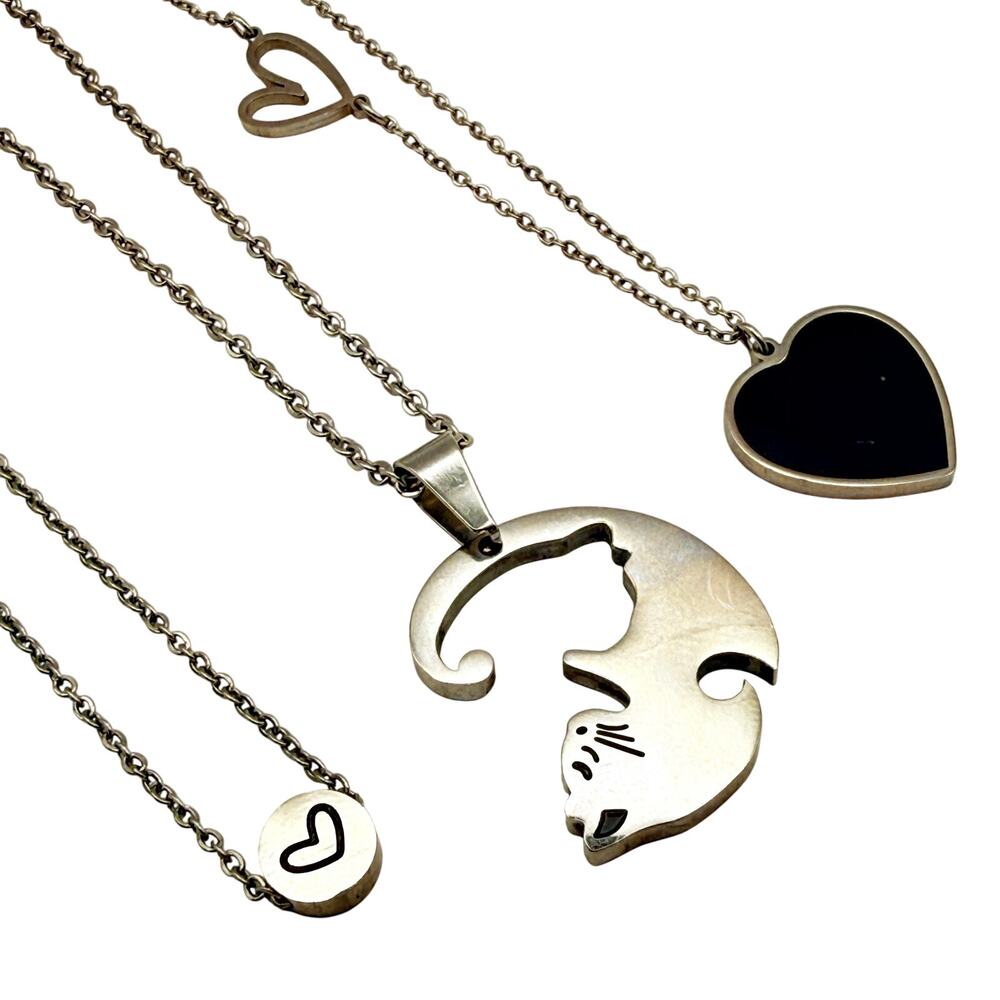 Lot of 3 Stainless Steel Pendant Necklaces Cute Hearts Cat Kitty Jewelry Set